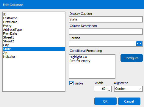 The Edit Columns dialog with Conditional Formatting. 